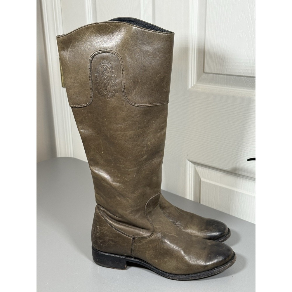 Frye Tall Riding Boots Green Embossed Distressed Leather Zip Women's 7.5B 203670